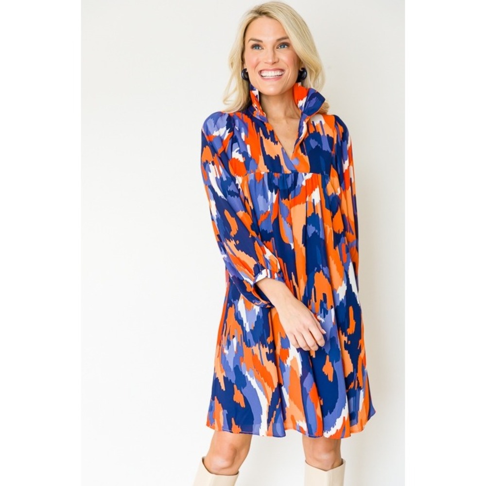 ADRIENNE Abstract Print Dress Large Orange Blue Ruffle Neck Babydoll Mod Mini